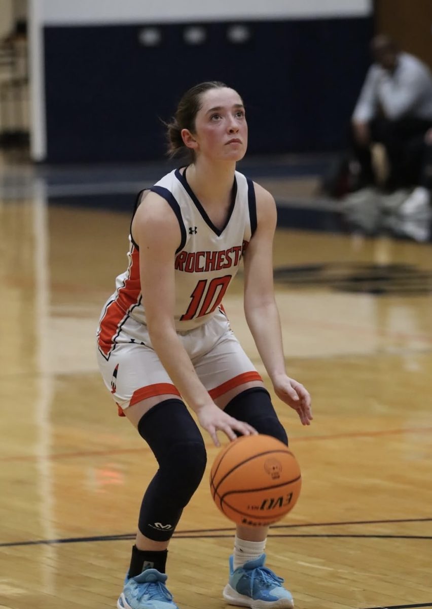 Rochester’s No. 10 Taylor Offer prepares to shoot a free throw. She is presented with two shots after she gets fouled by the other team. 
